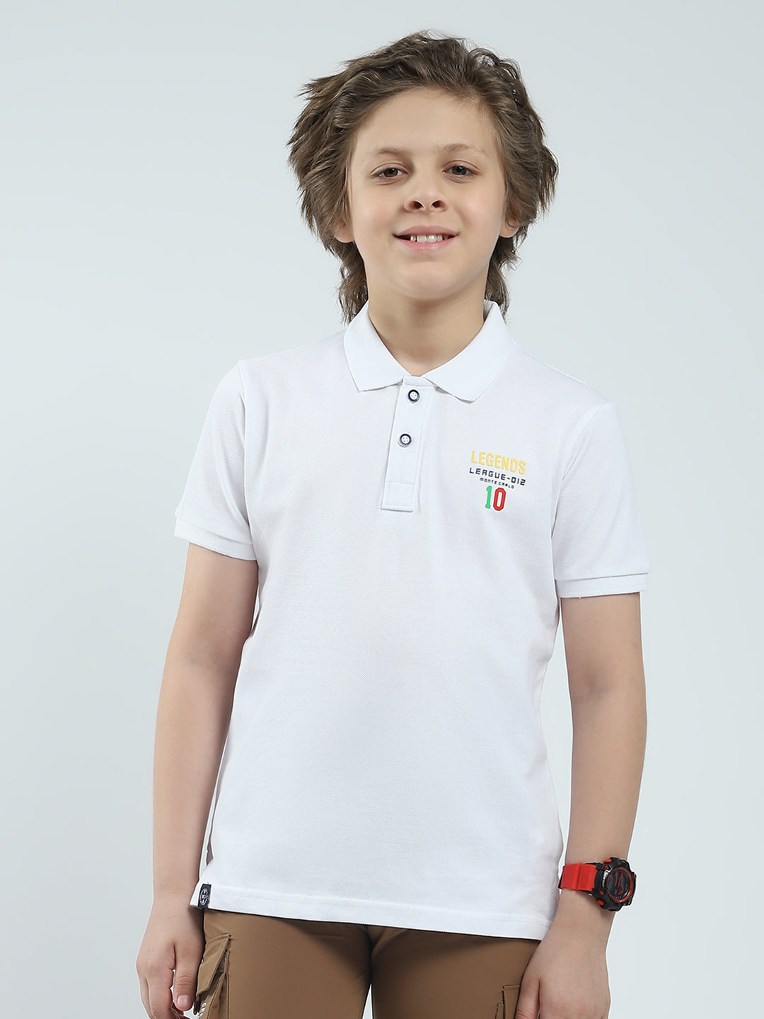 Boys White Solid Collar Half Sleeve T-Shirt