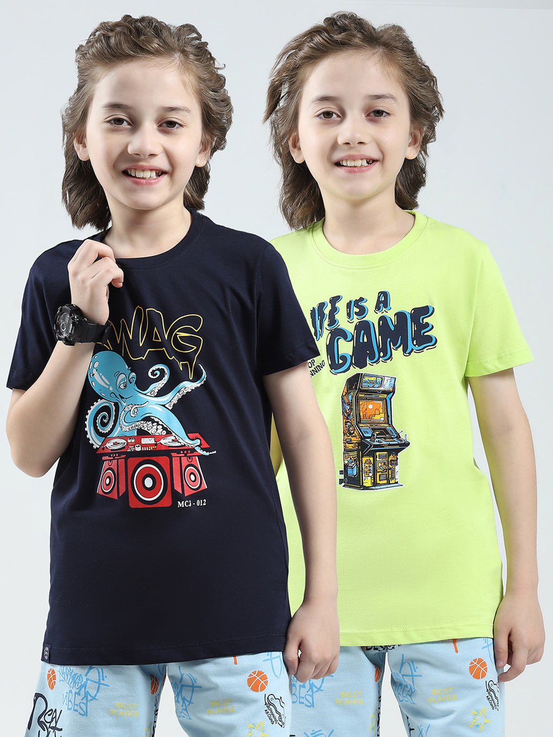 Boys Navy Blue & Green Printed Round Neck Half Sleeve T-Shirt (Pack of 2)