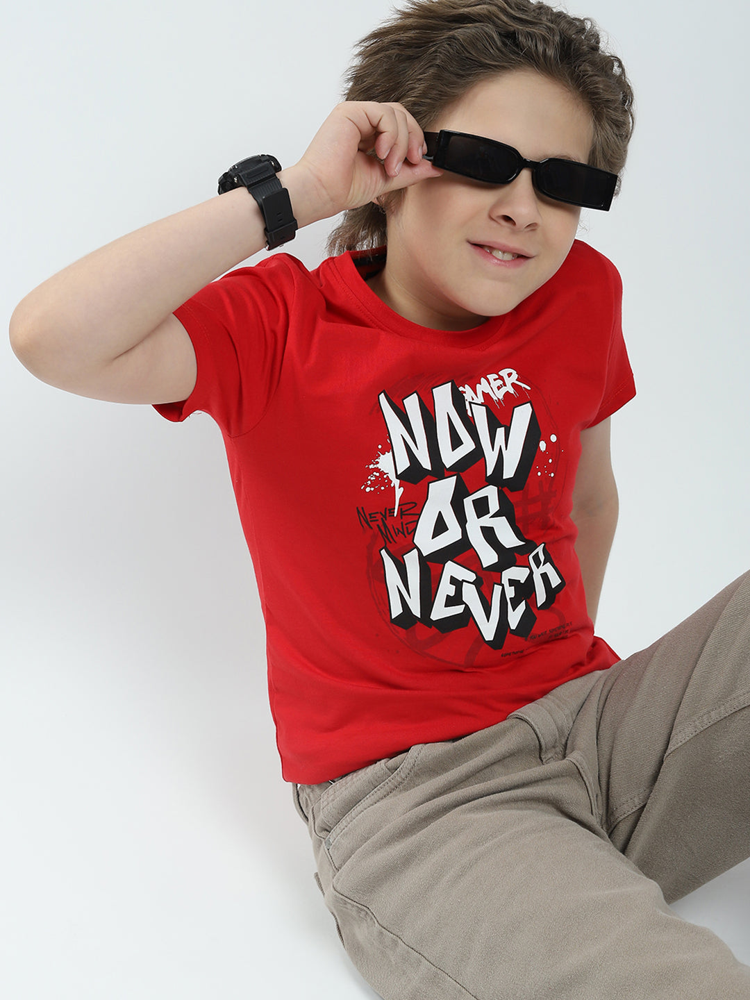 Boys Red & Off White Printed Round Neck Half Sleeve T-Shirt (Pack of 2)