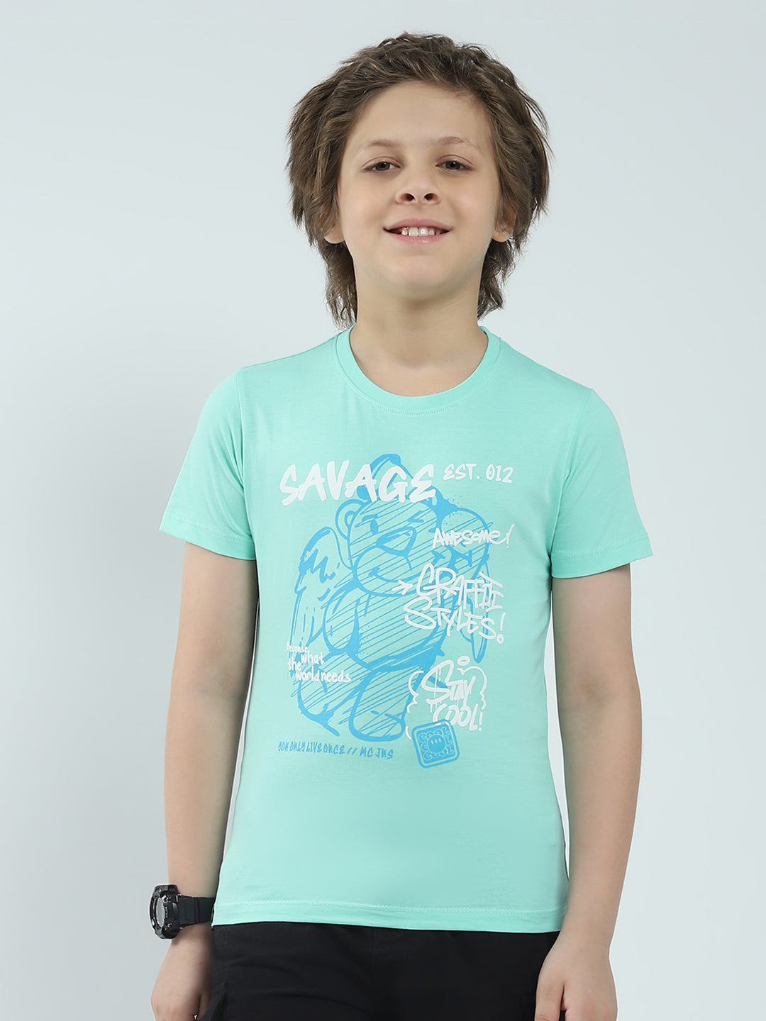 Boys Green & Peach Printed Round Neck Half Sleeve T-Shirt (Pack of 2)