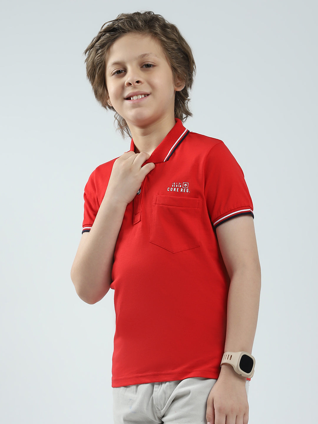 Boys Red Solid Collar Half Sleeve T-Shirt