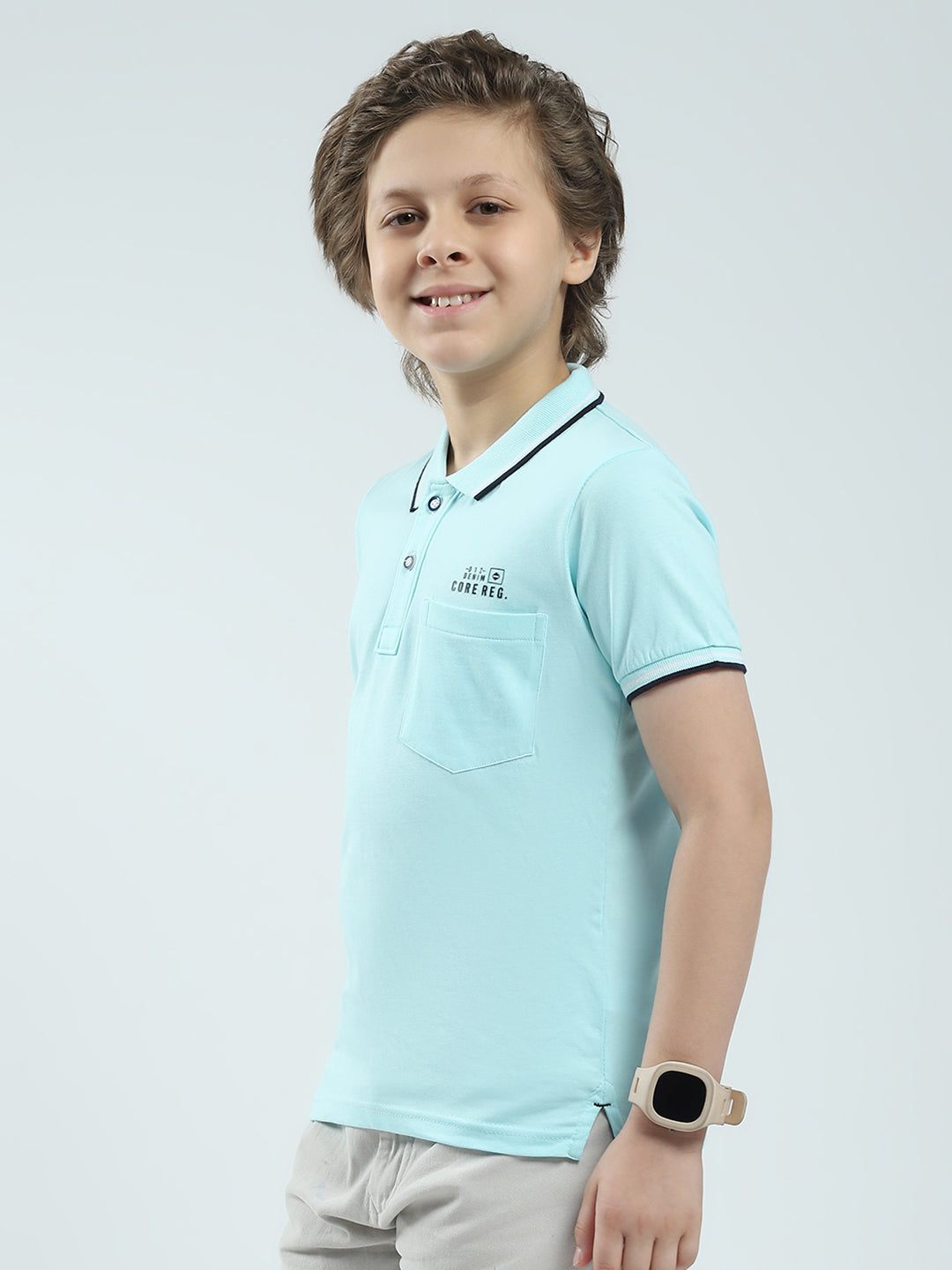 Boys Blue Solid Collar Half Sleeve T-Shirt
