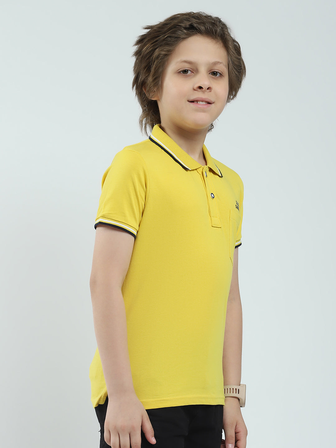 Boys Mustard Solid Collar Half Sleeve T-Shirt