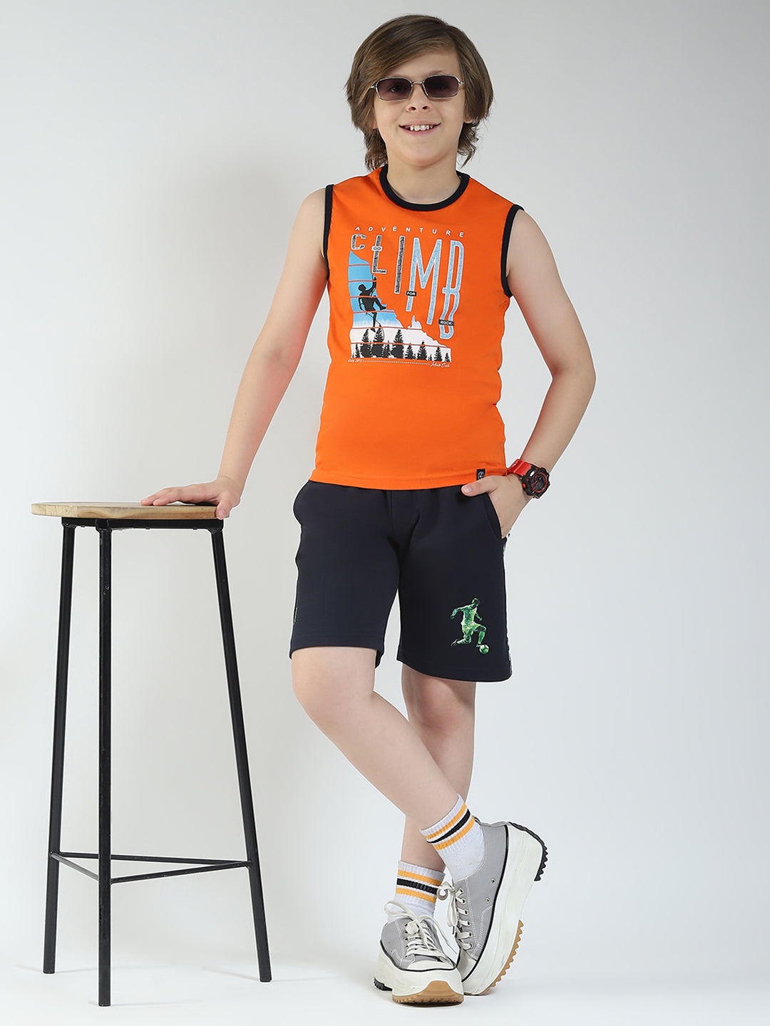 Boys Blue & Orange Printed Round Neck Sleeveless T-Shirt (Pack of 2)