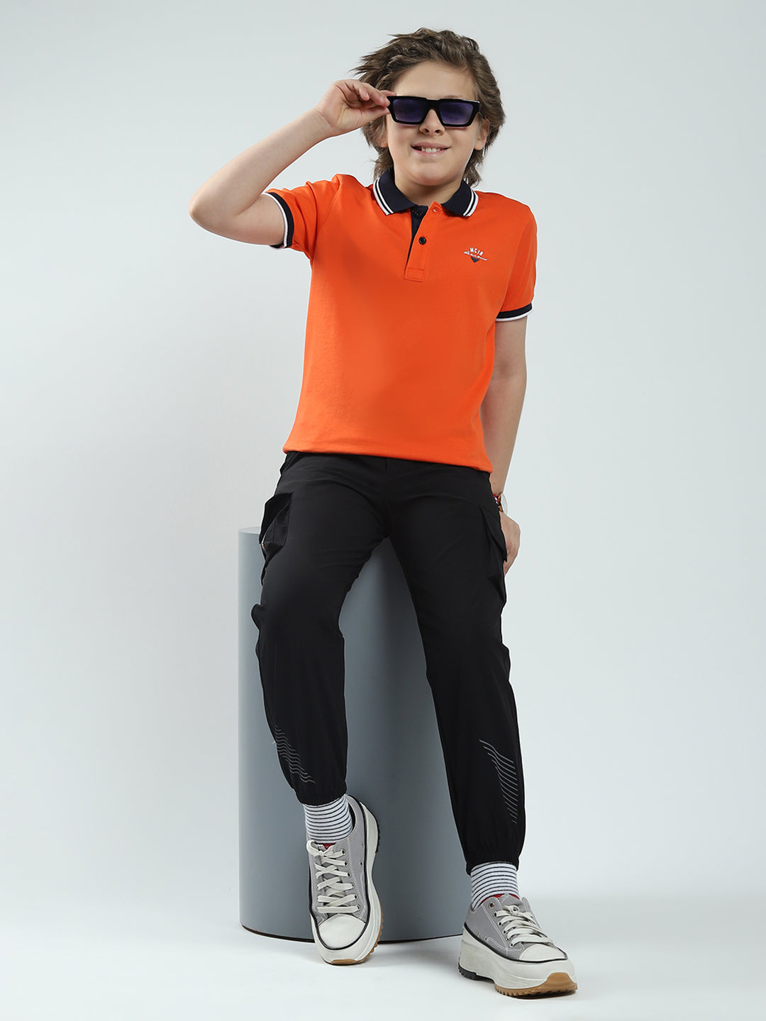 Boys Orange Solid Collar Half Sleeve T-Shirt