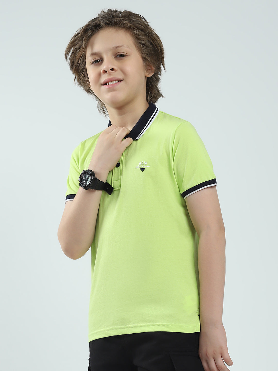 Boys Green Solid Collar Half Sleeve T-Shirt