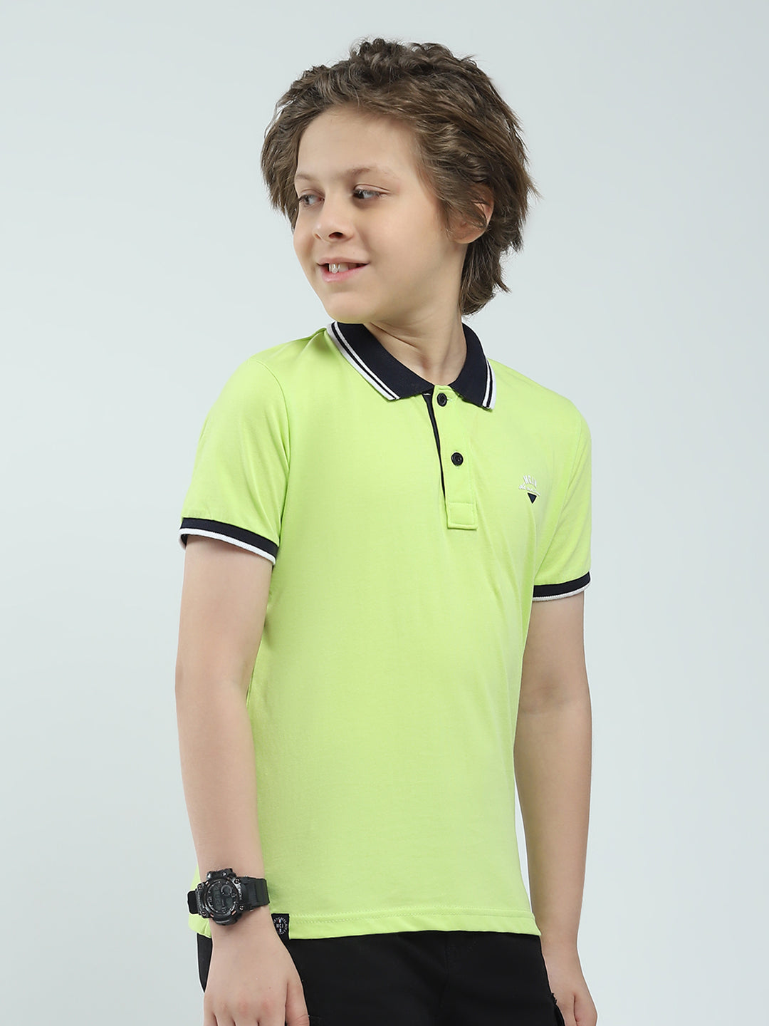 Boys Green Solid Collar Half Sleeve T-Shirt