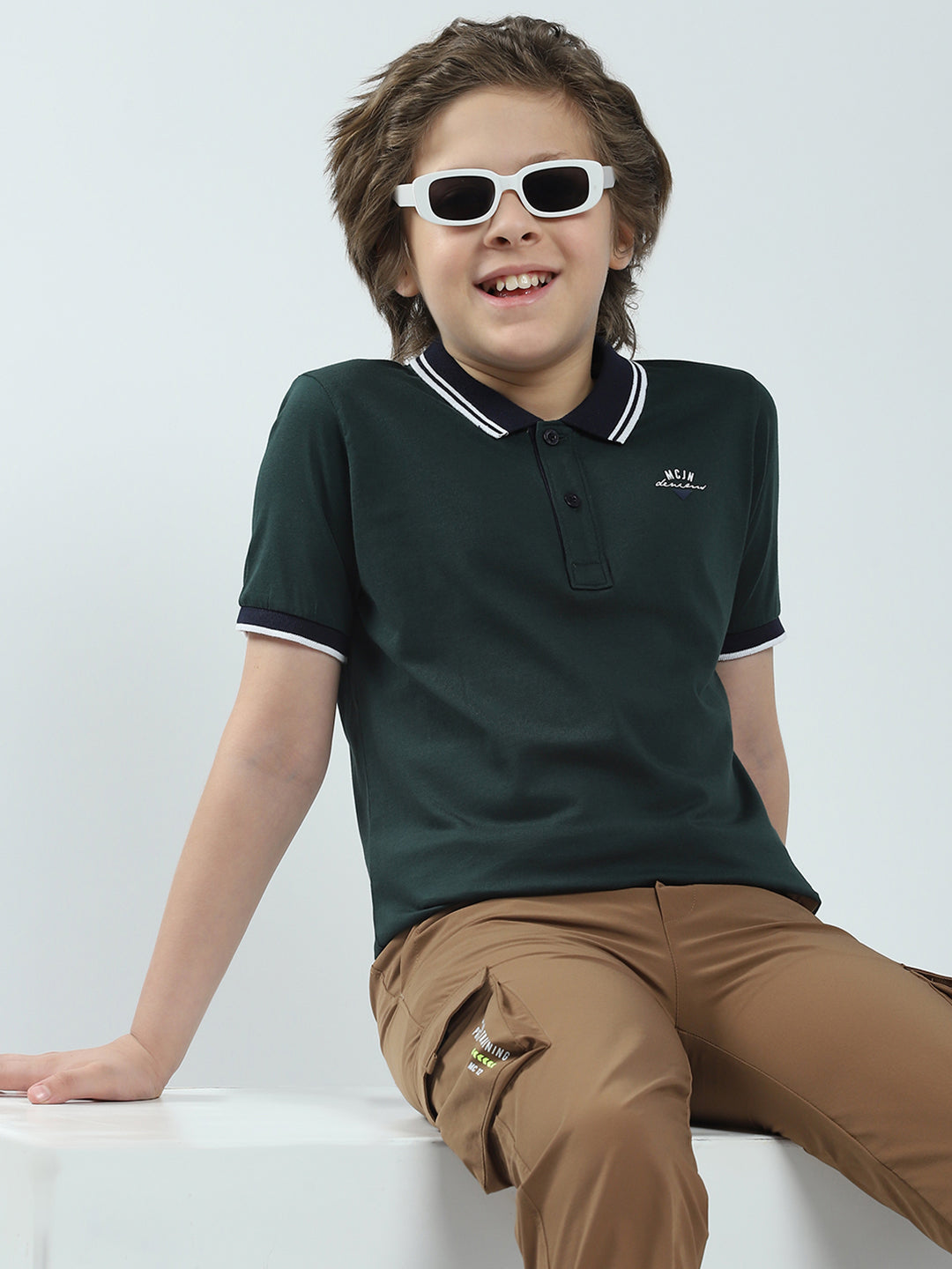 Boys Green Solid Collar Half Sleeve T-Shirt