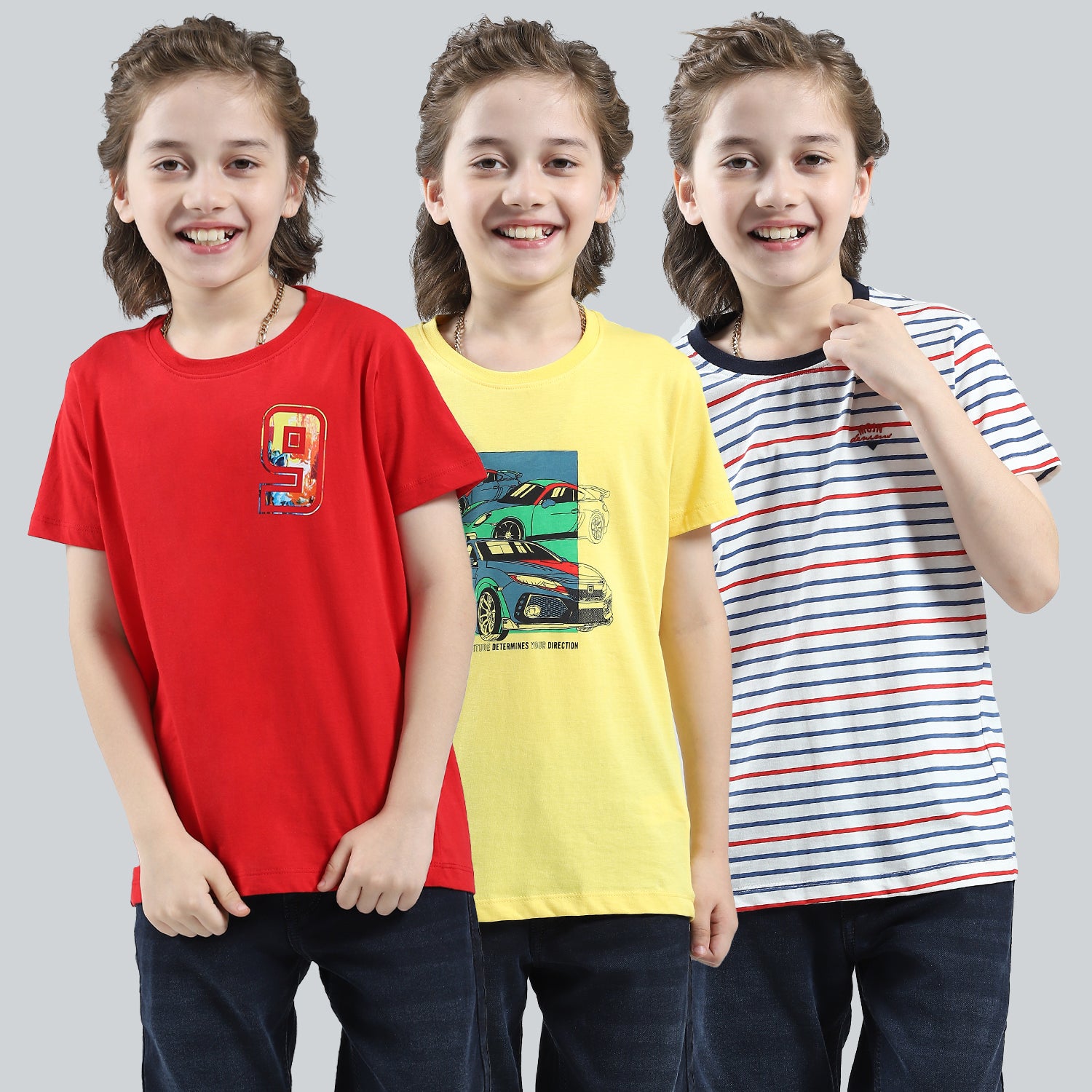 Boys Red, Yellow & White Printed Round Neck Half Sleeve T-Shirt (Pack of 3)