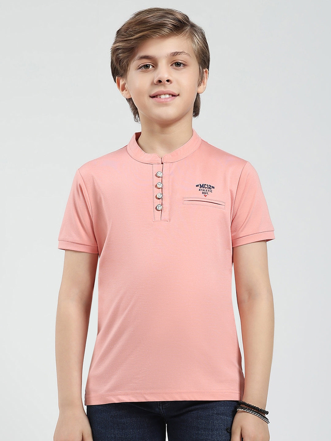 Boys Peach Solid Band Collar Half Sleeve T-Shirt