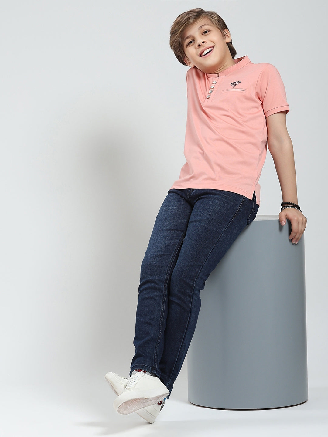 Boys Peach Solid Band Collar Half Sleeve T-Shirt