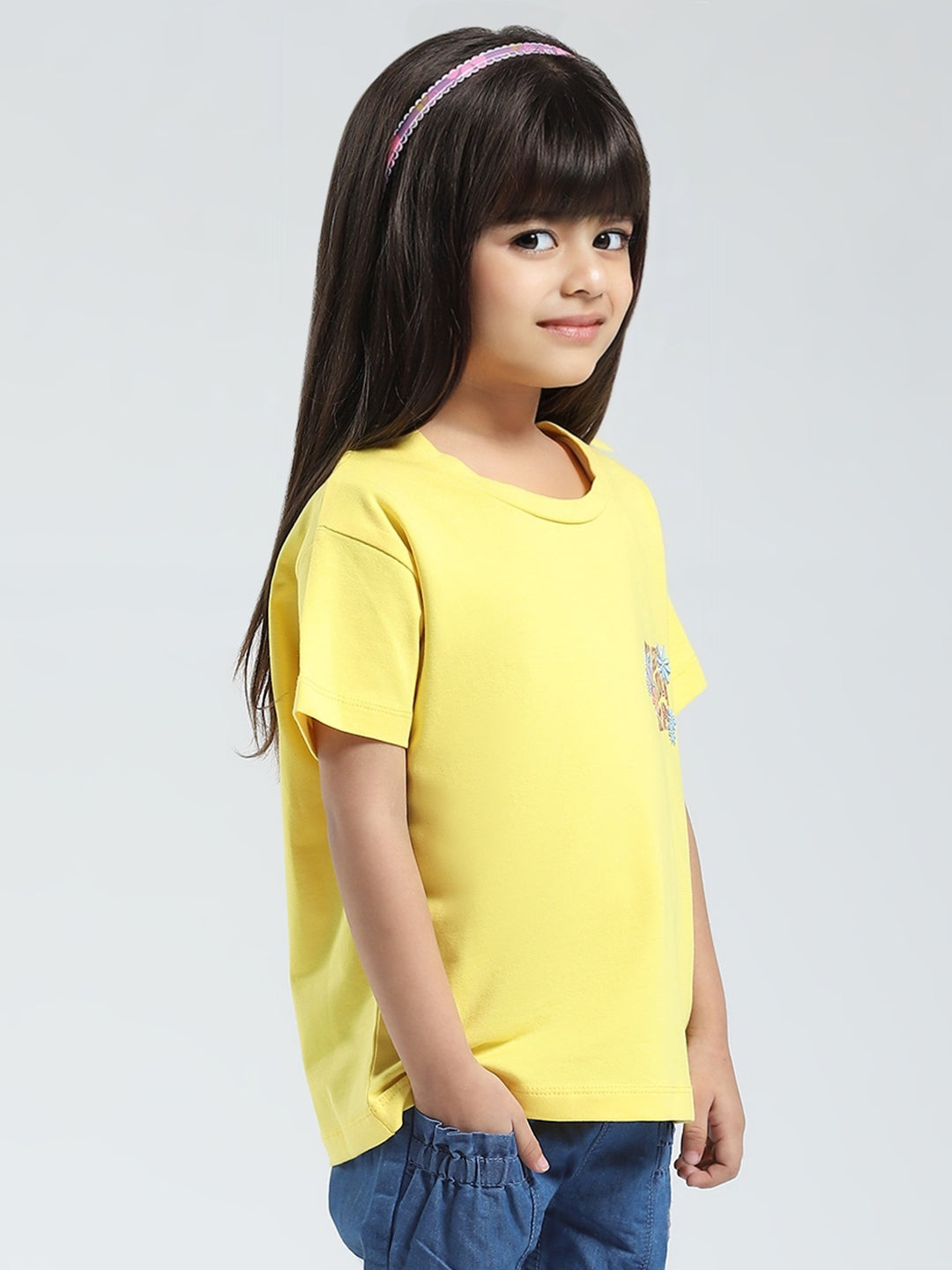 Girls Yellow Solid Round Neck Half Sleeve Top