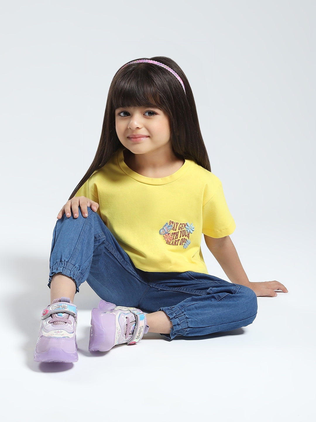 Girls Yellow Solid Round Neck Half Sleeve Top