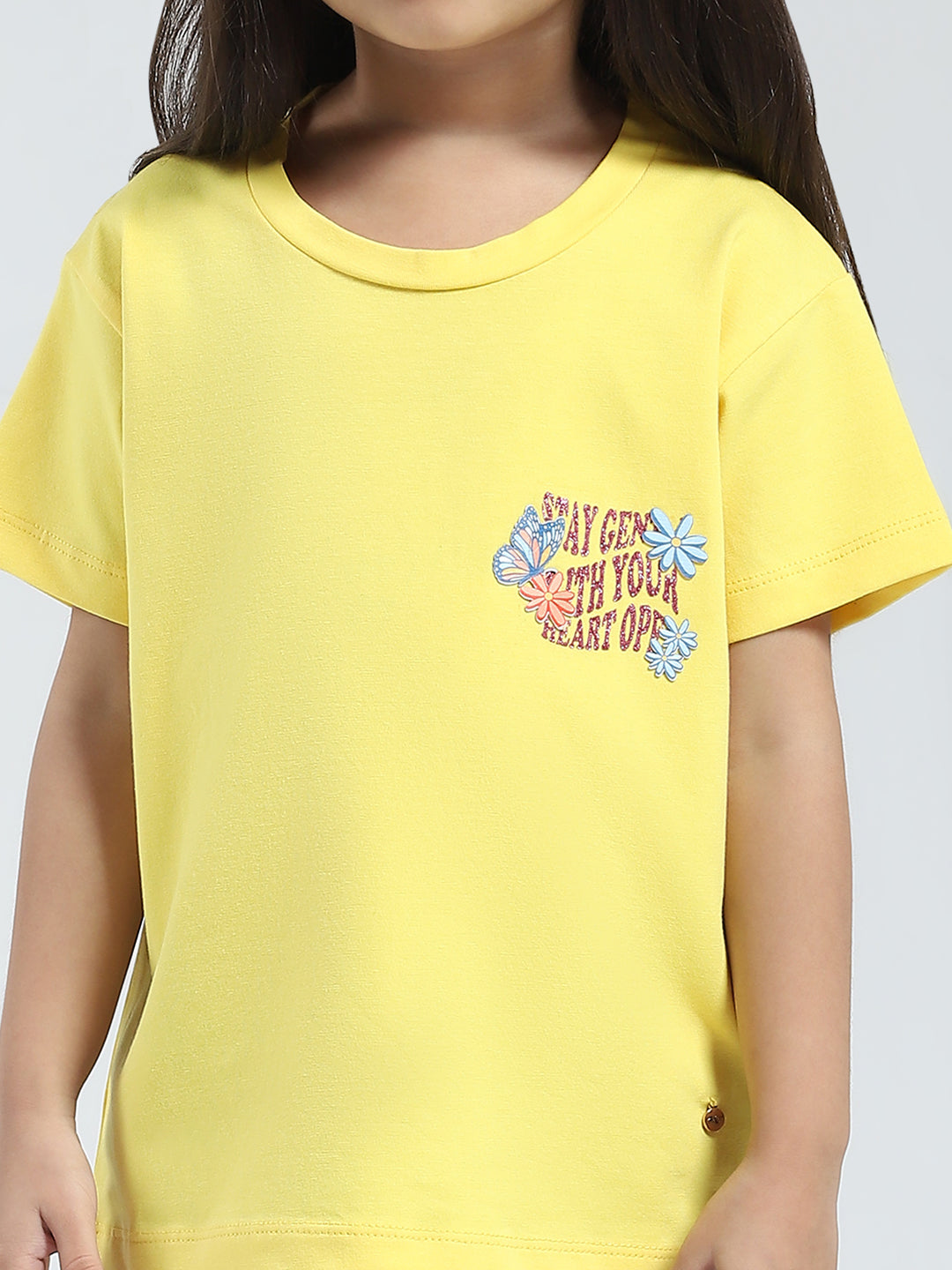 Girls Yellow Solid Round Neck Half Sleeve Top