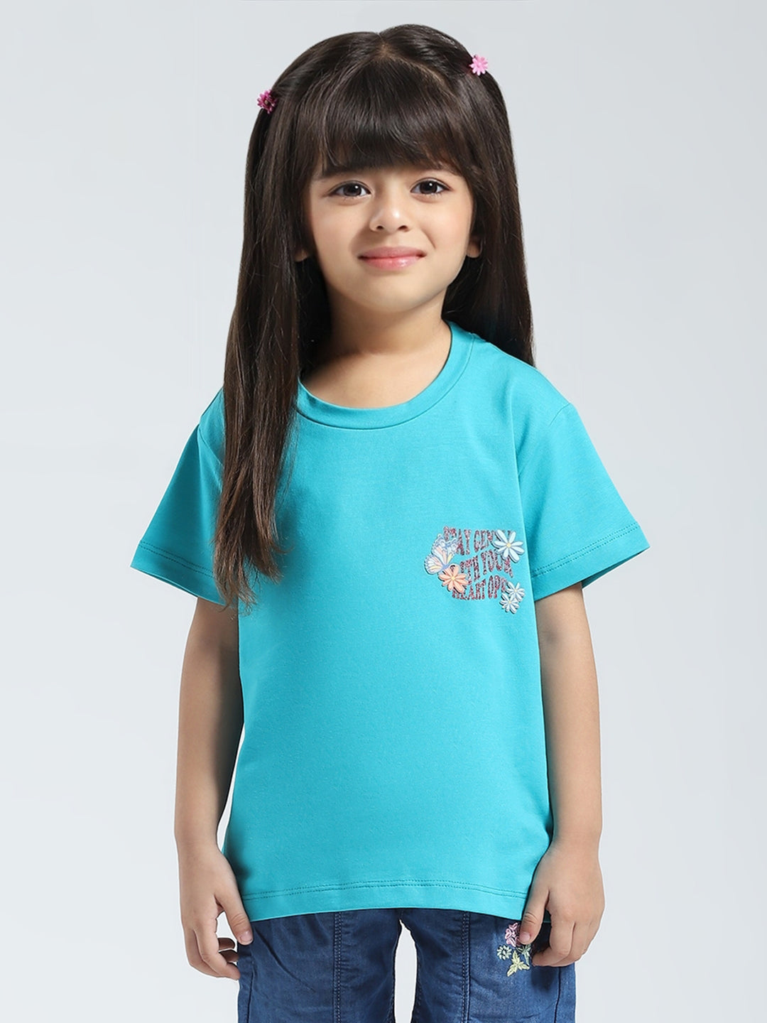 Girls Blue Solid Round Neck Half Sleeve Top