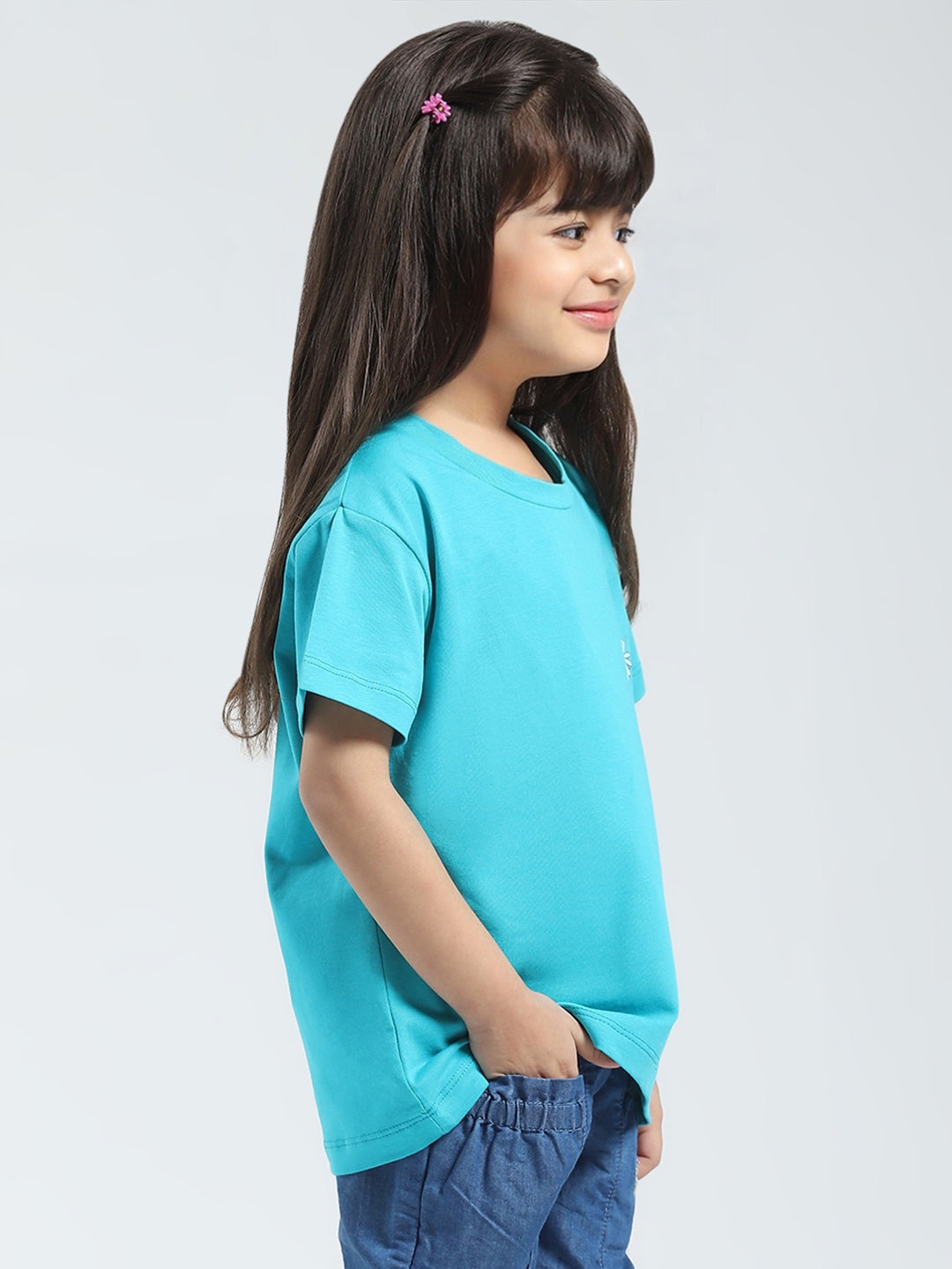 Girls Blue Solid Round Neck Half Sleeve Top