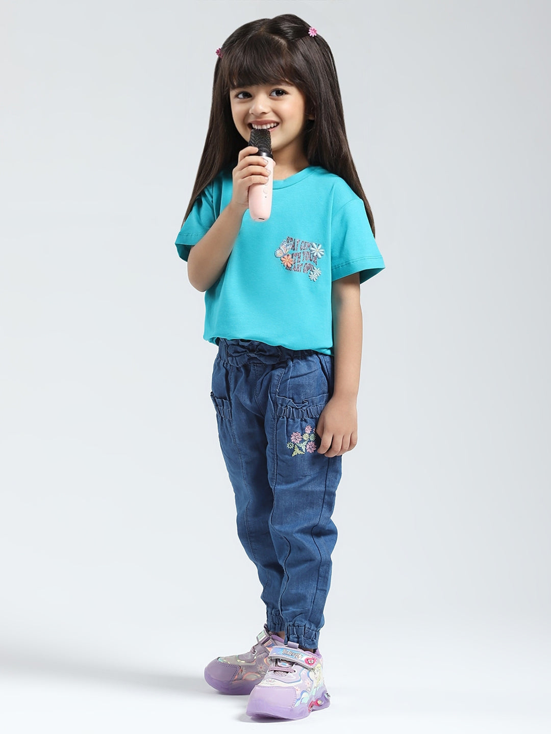 Girls Blue Solid Round Neck Half Sleeve Top