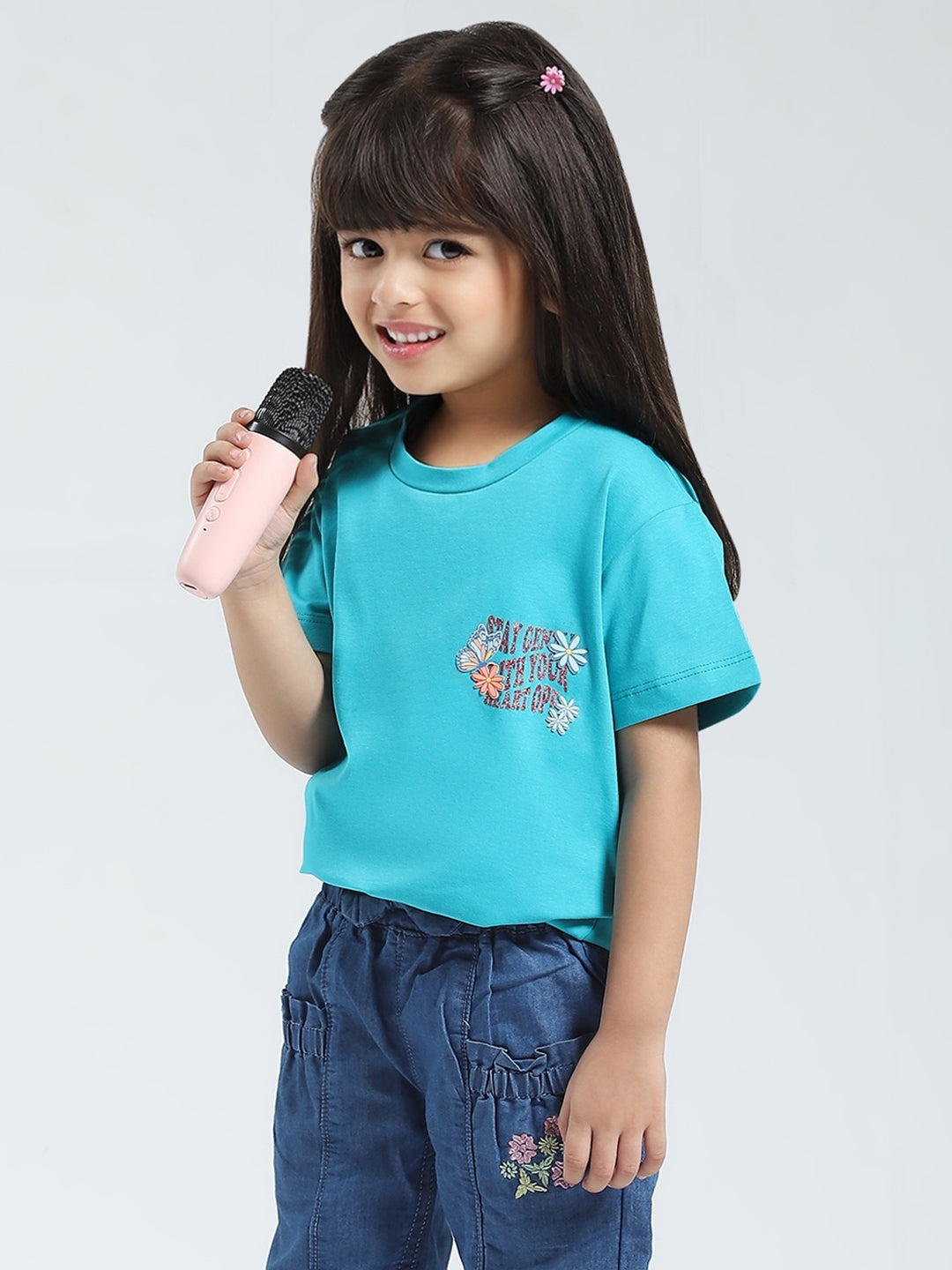 Girls Blue Solid Round Neck Half Sleeve Top