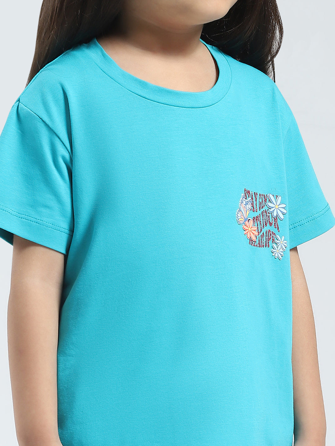 Girls Blue Solid Round Neck Half Sleeve Top
