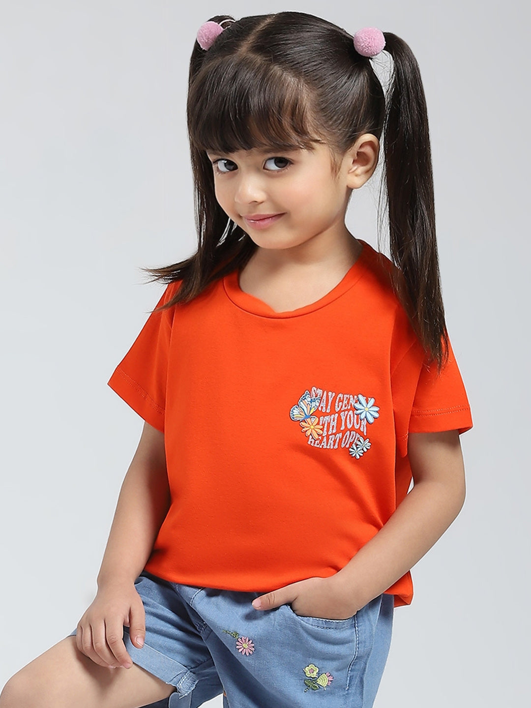 Girls Orange Solid Round Neck Half Sleeve Top