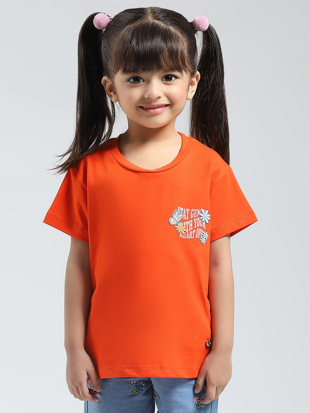 Girls Orange Solid Round Neck Half Sleeve Top