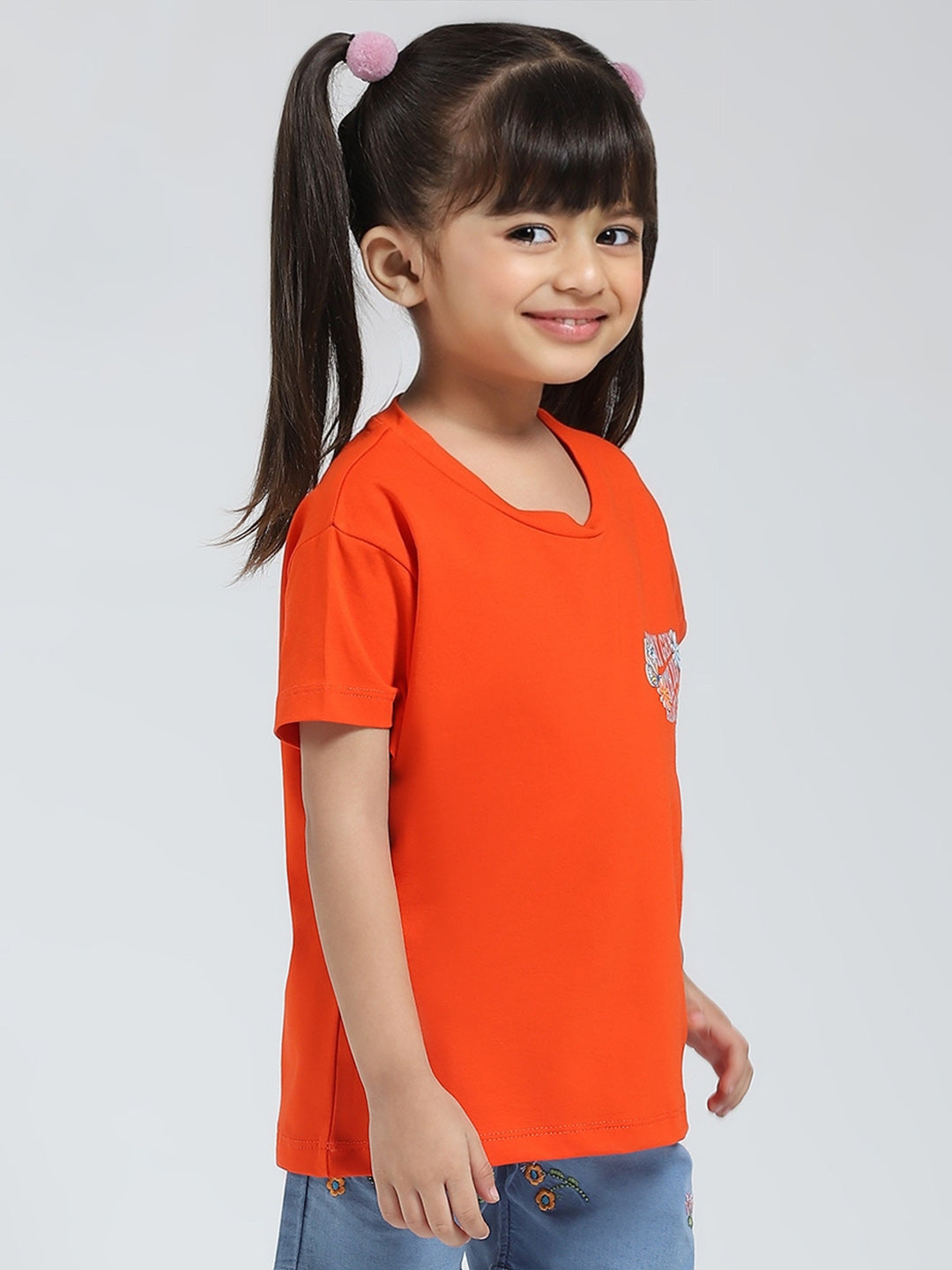 Girls Orange Solid Round Neck Half Sleeve Top