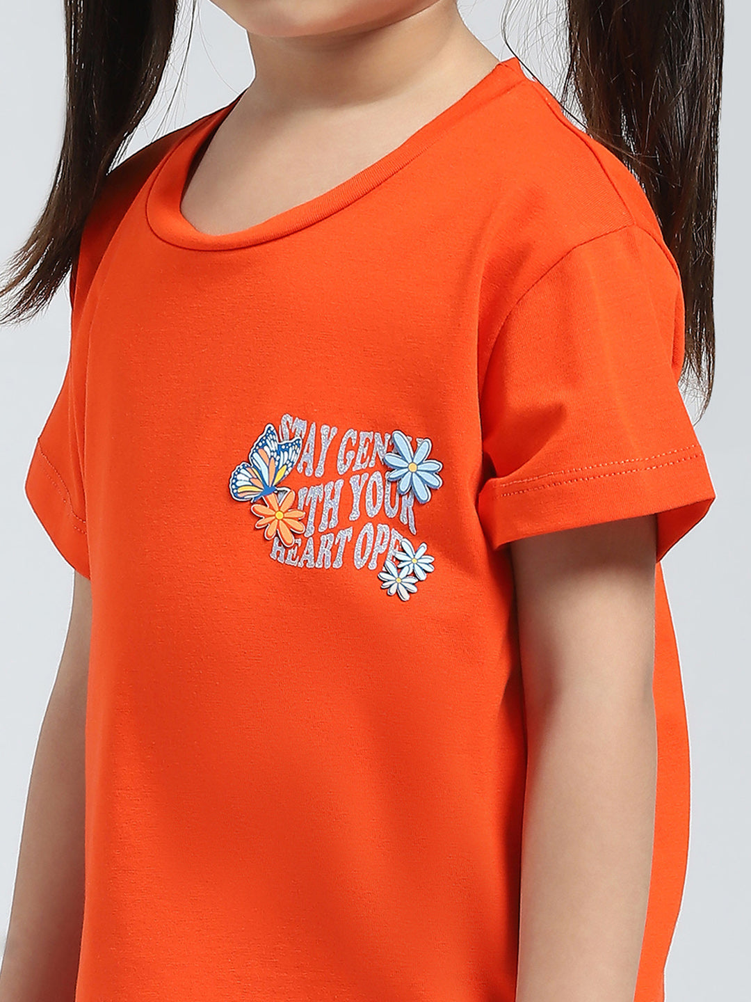Girls Orange Solid Round Neck Half Sleeve Top