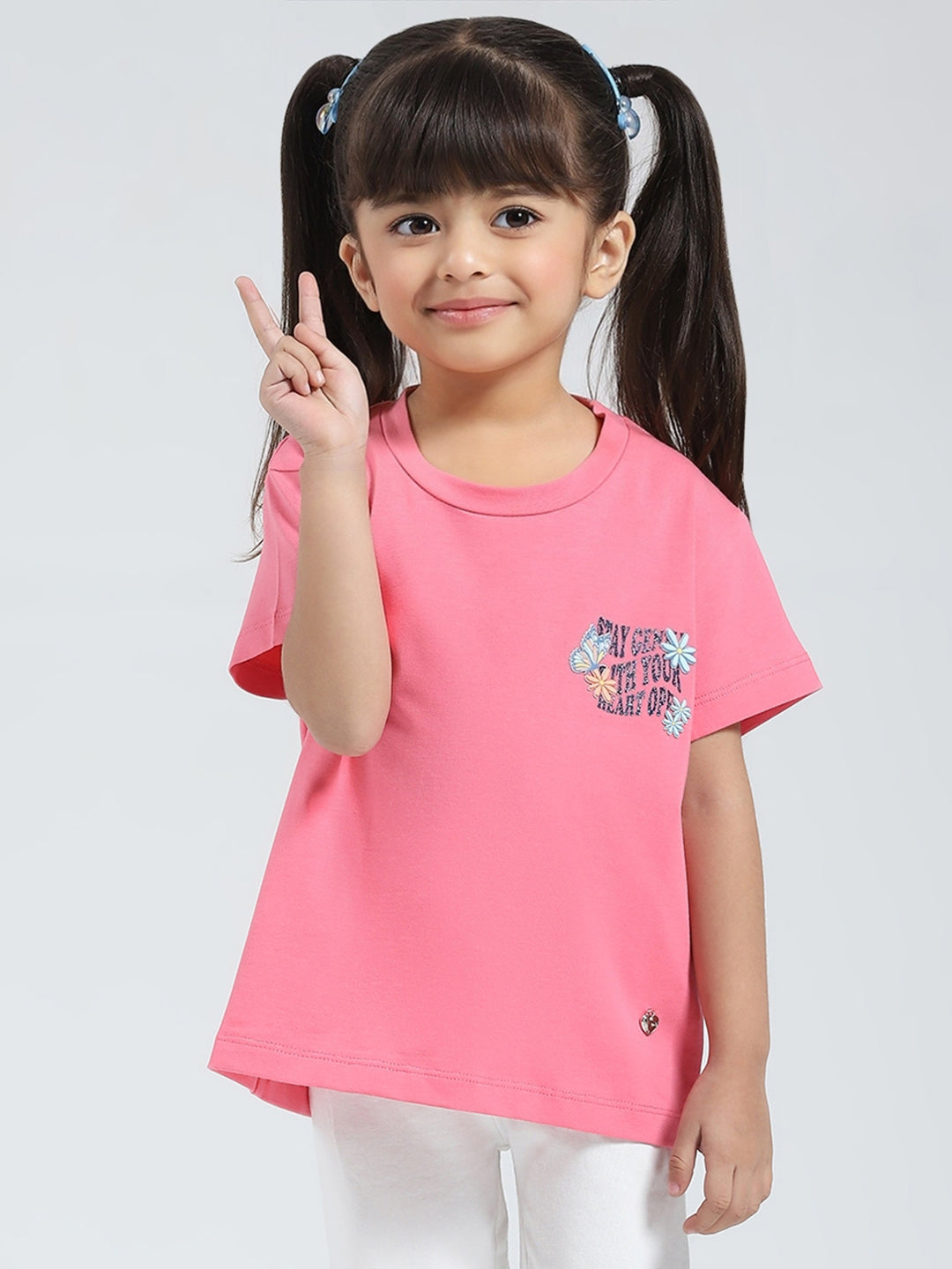 Girls Pink Solid Round Neck Half Sleeve Top