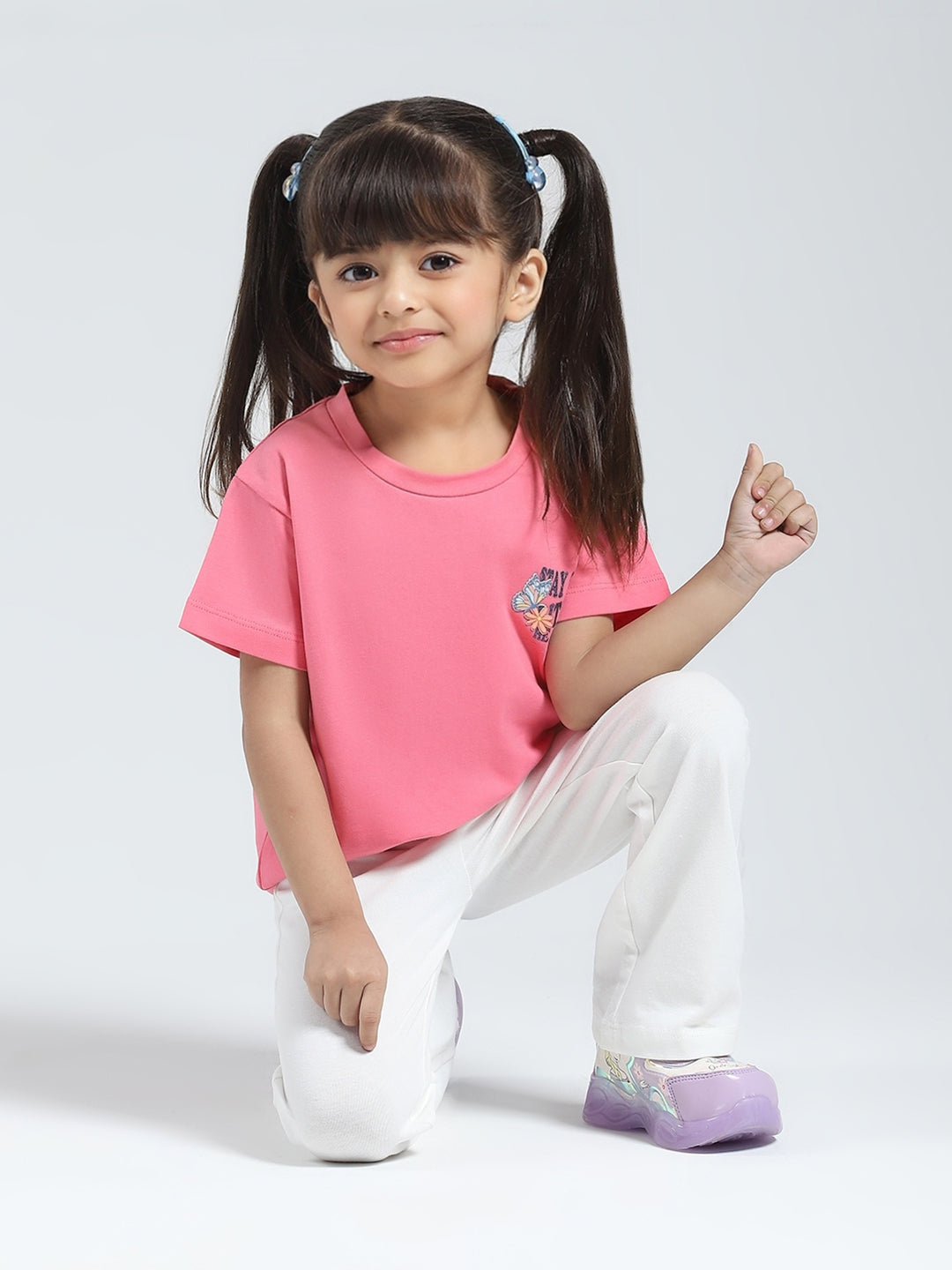 Girls Pink Solid Round Neck Half Sleeve Top
