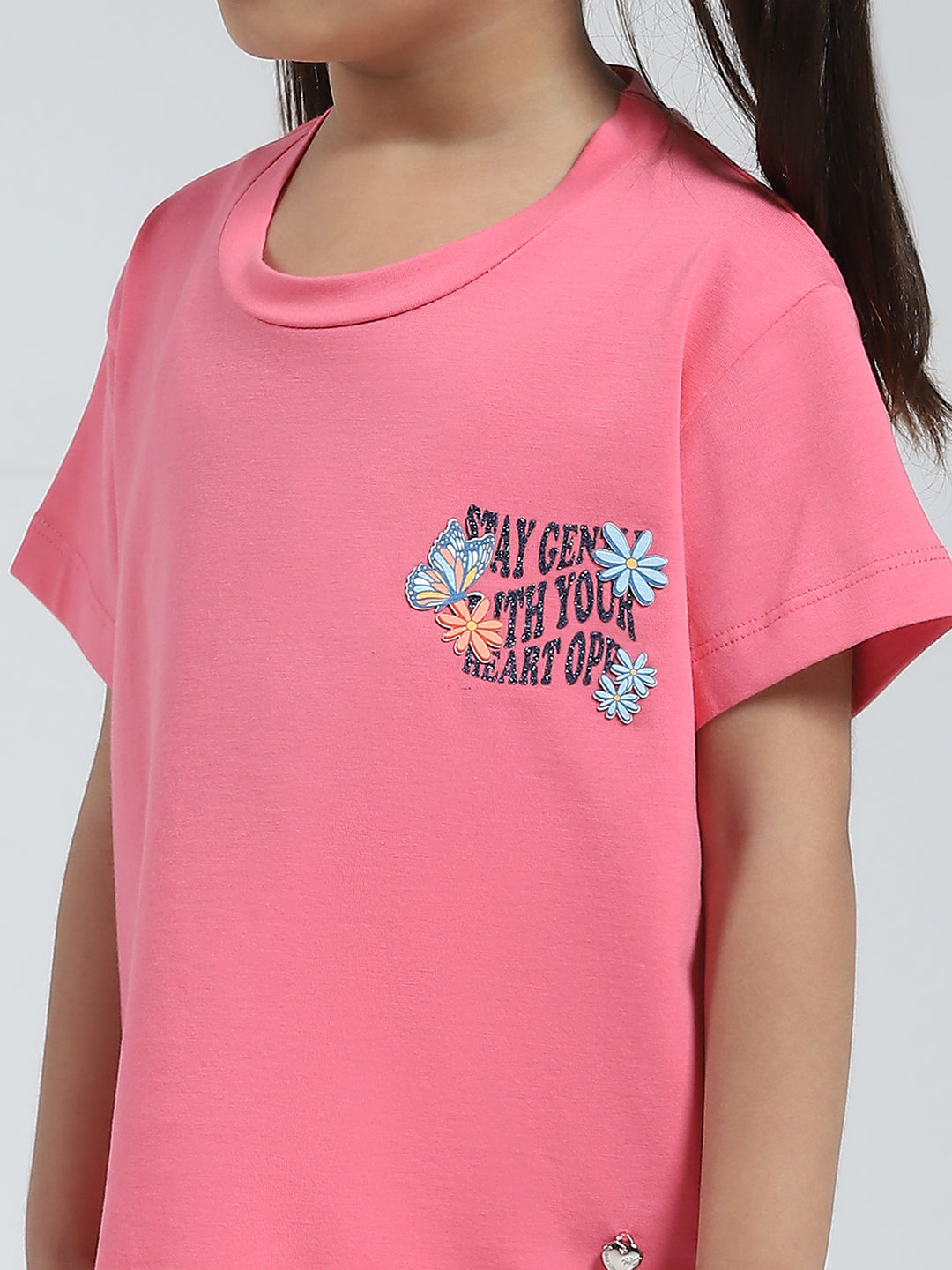 Girls Pink Solid Round Neck Half Sleeve Top