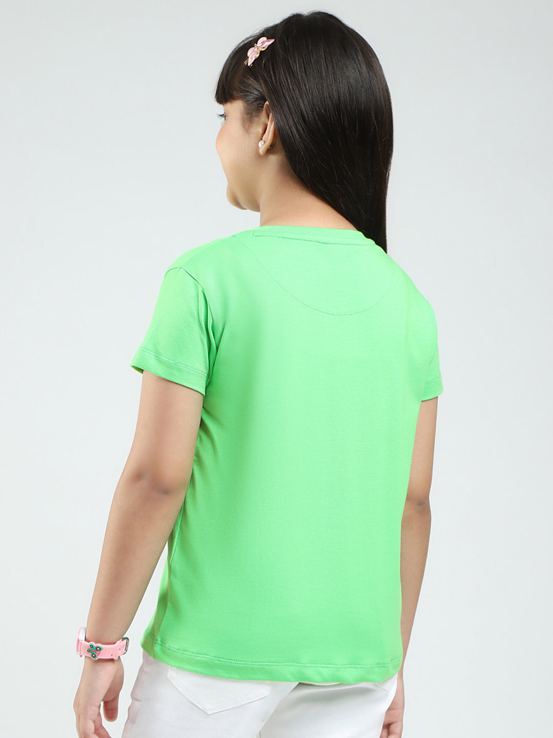 Girls Green Printed Round Neck Half Sleeve Top