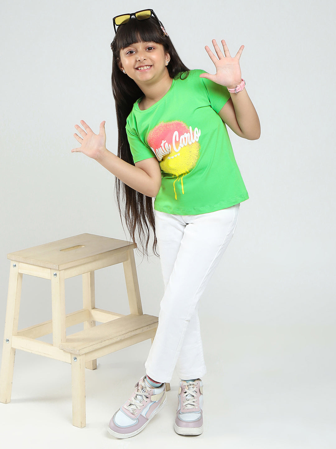 Girls Green Printed Round Neck Half Sleeve Top