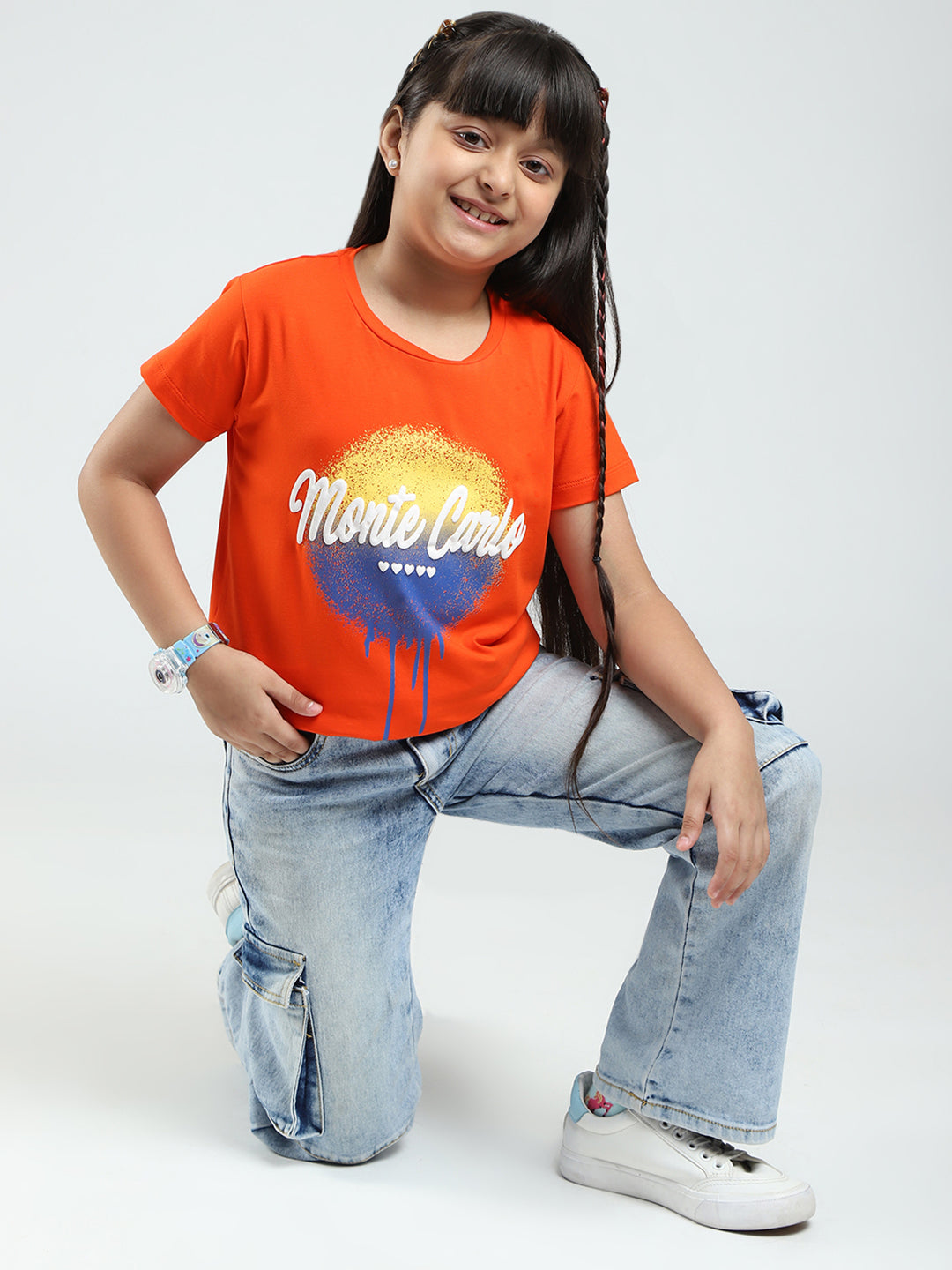 Girls Orange Printed Round Neck Half Sleeve Top