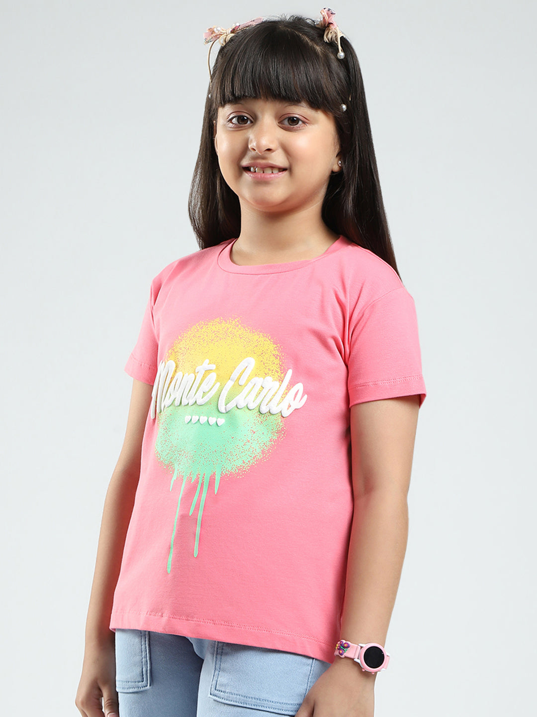 Girls Pink Printed Round Neck Half Sleeve Top