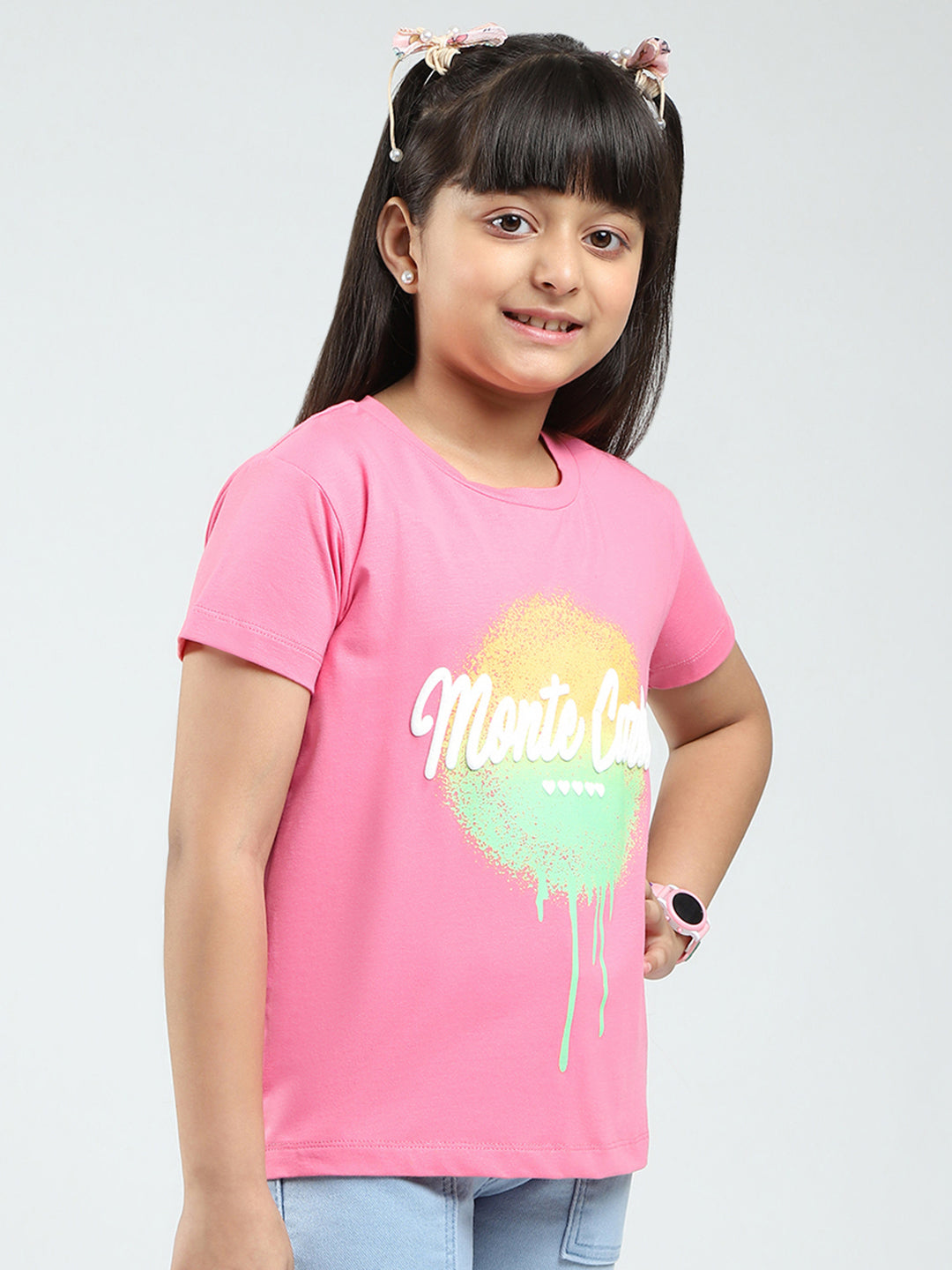 Girls Pink Printed Round Neck Half Sleeve Top