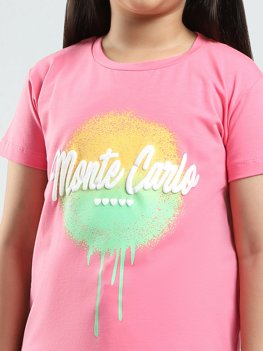 Girls Pink Printed Round Neck Half Sleeve Top