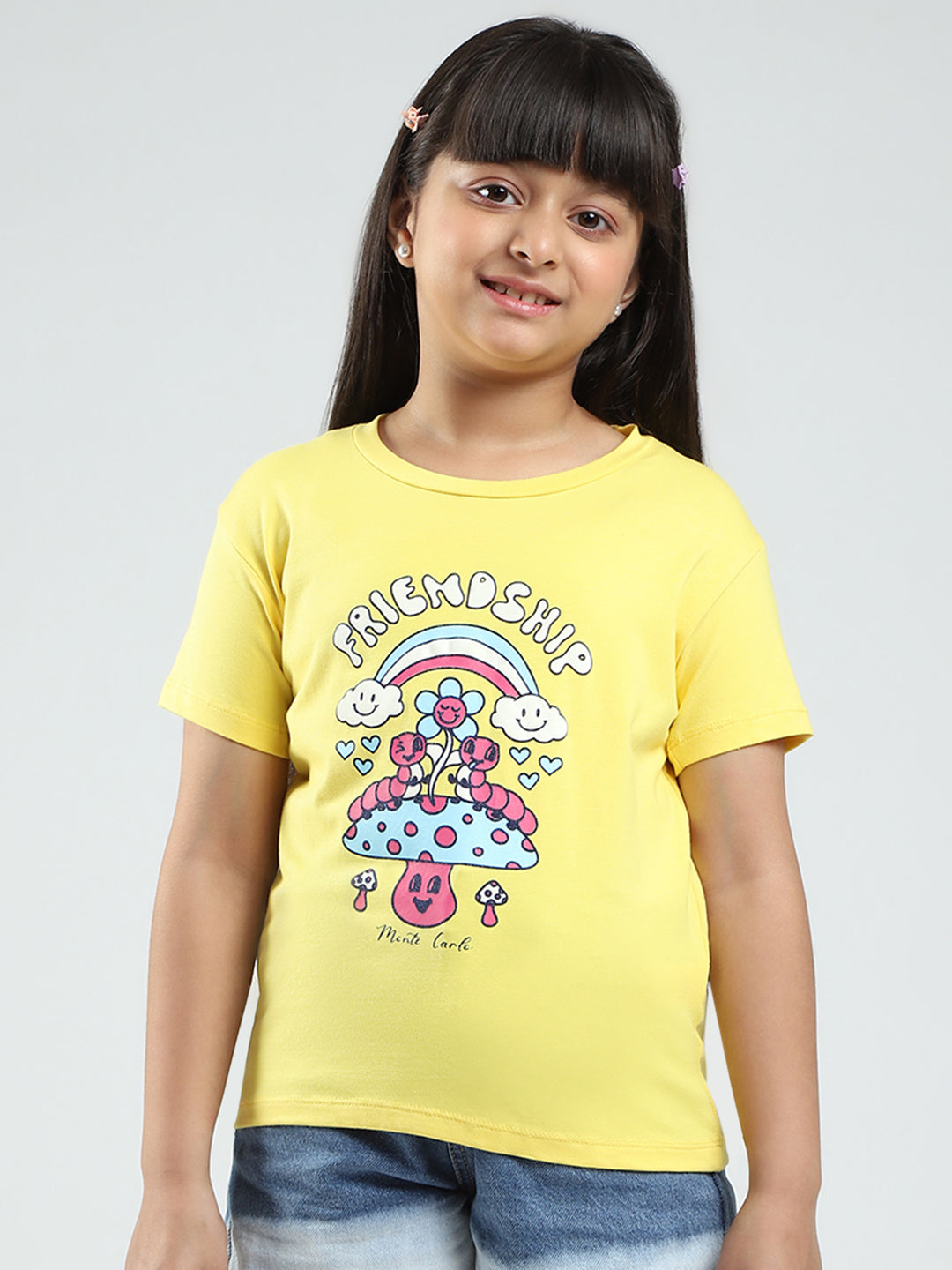 Girls Yellow & Orange Printed Round Neck Half Sleeve Top 2Pc Set