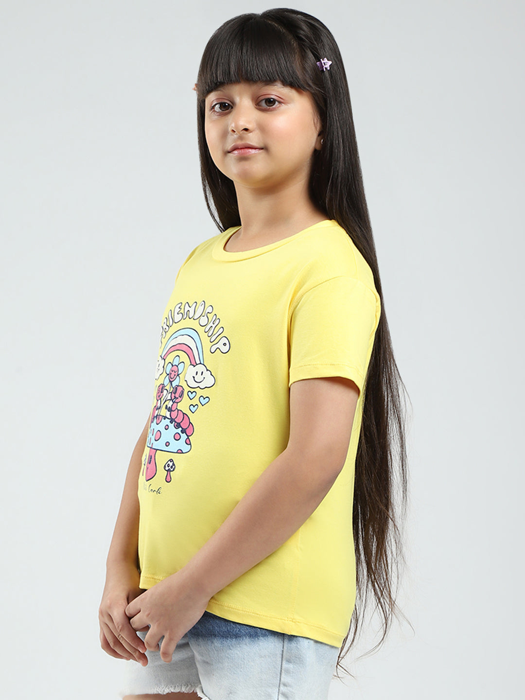 Girls Yellow & Orange Printed Round Neck Half Sleeve Top 2Pc Set