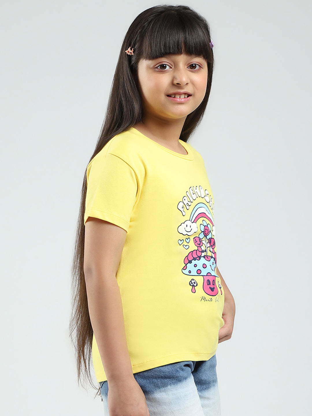 Girls Yellow & Orange Printed Round Neck Half Sleeve Top 2Pc Set