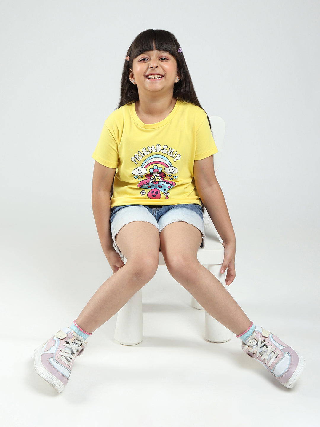 Girls Yellow & Orange Printed Round Neck Half Sleeve Top 2Pc Set