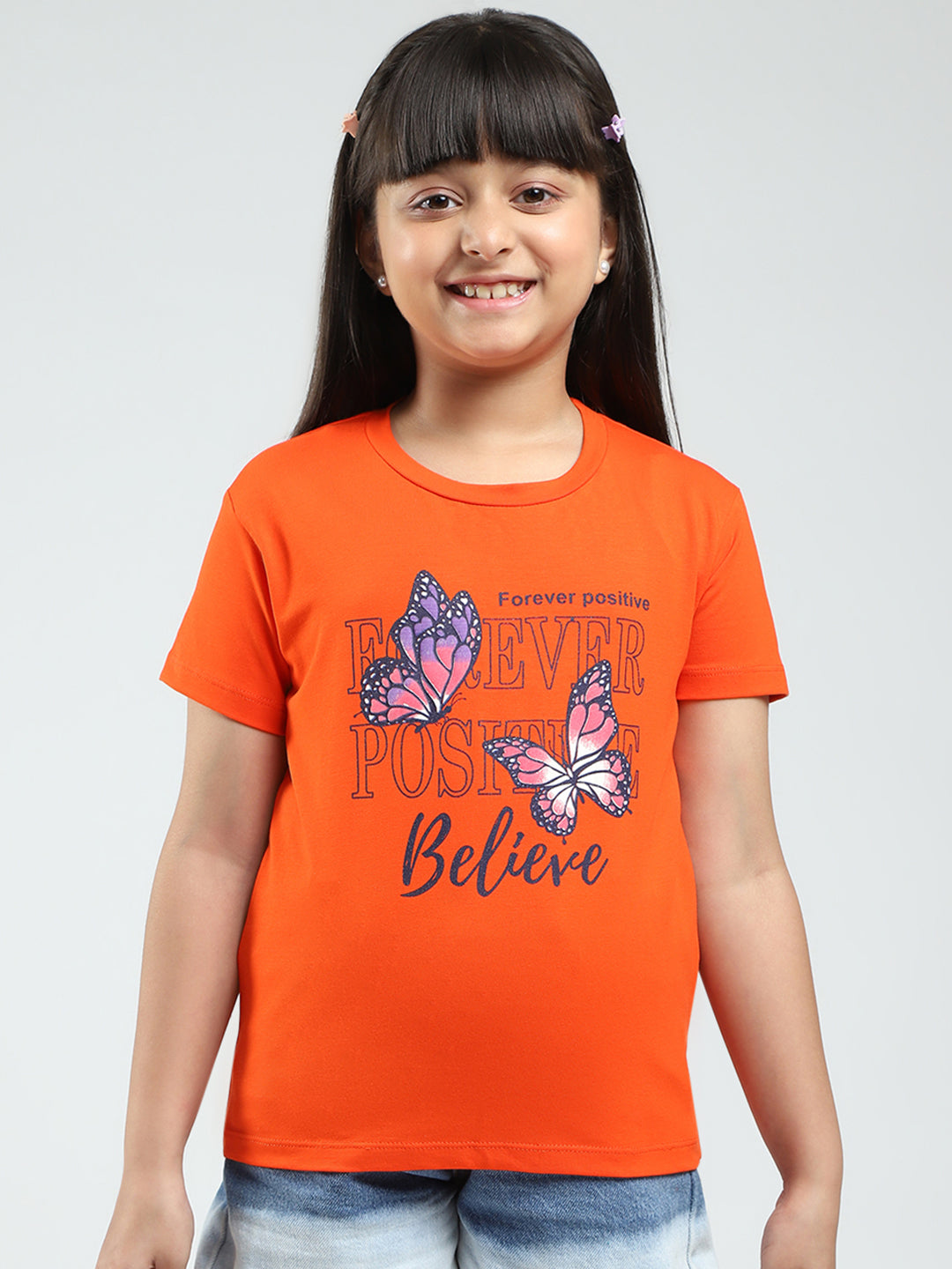 Girls Yellow & Orange Printed Round Neck Half Sleeve Top 2Pc Set