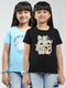Girls Blue & Black Printed Round Neck Half Sleeve Top 2Pc Set