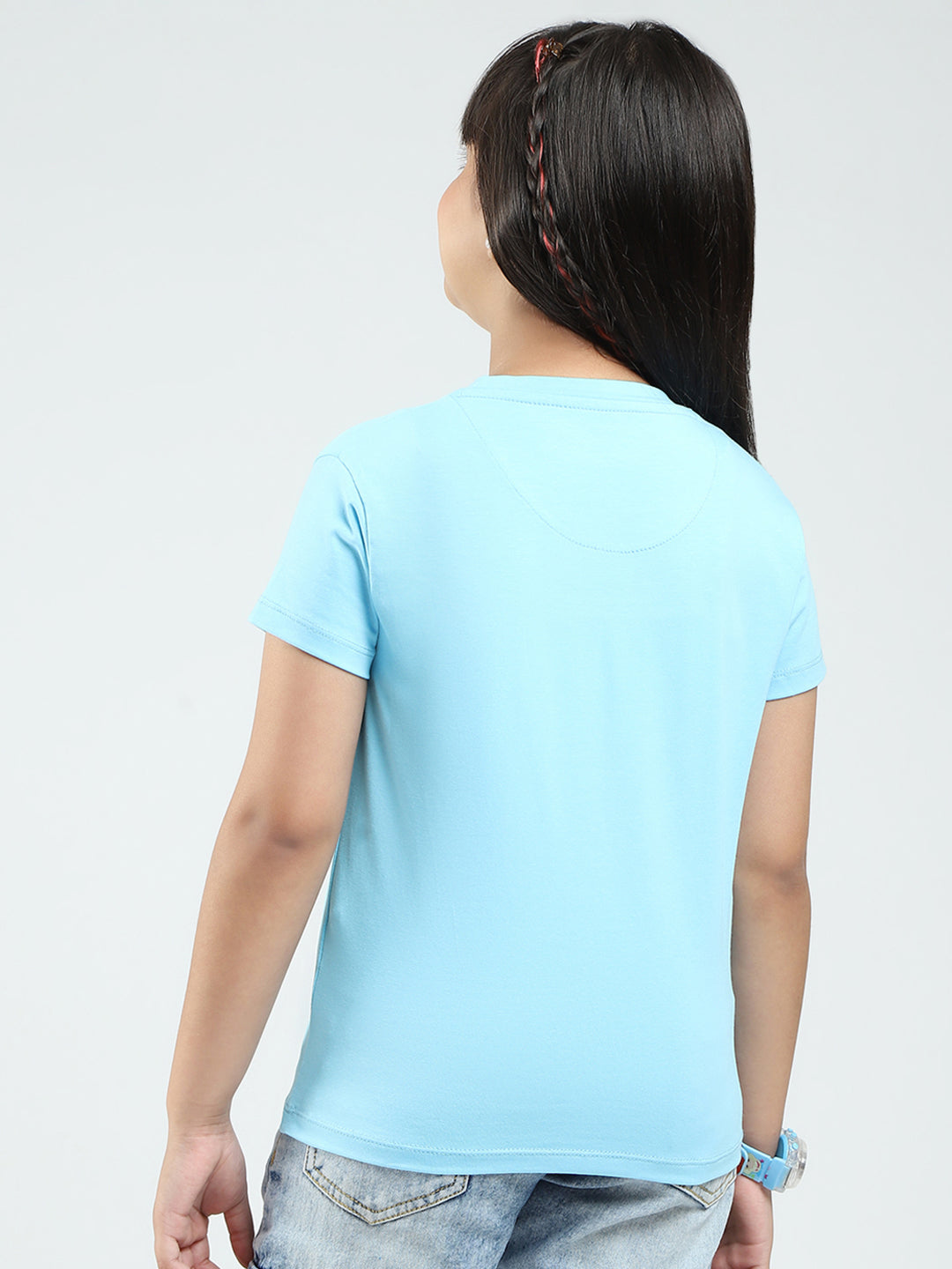 Girls Blue & Black Printed Round Neck Half Sleeve Top 2Pc Set