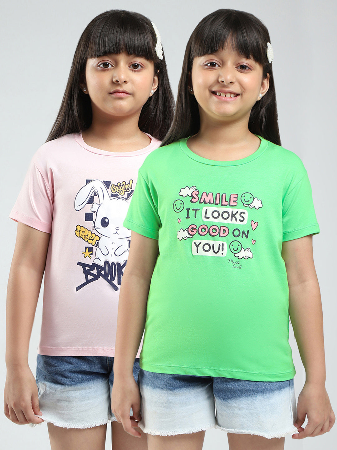 Girls Green & Pink Printed Round Neck Half Sleeve Top 2Pc Set