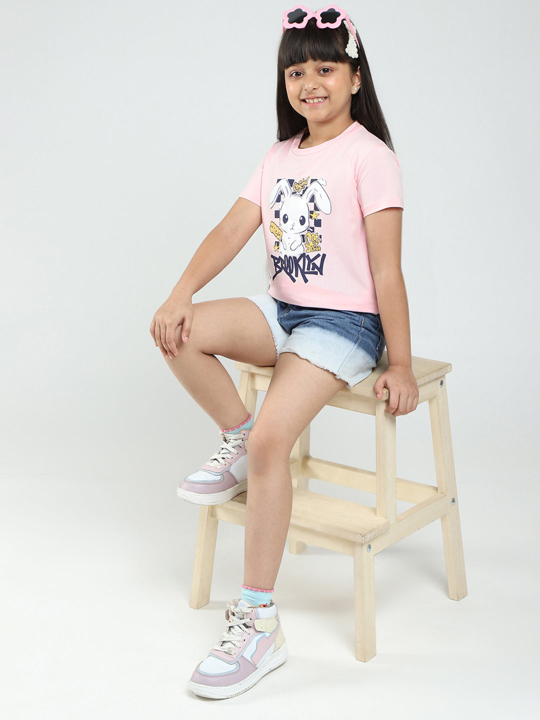 Girls Green & Pink Printed Round Neck Half Sleeve Top 2Pc Set