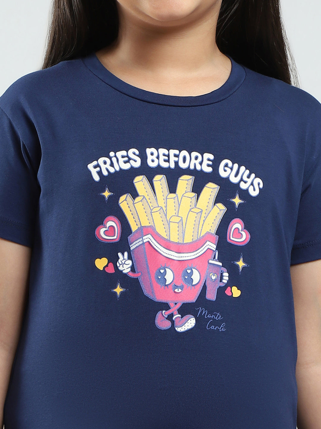 Girls Navy Blue & Pink Printed Round Neck Half Sleeve Top 2Pc Set