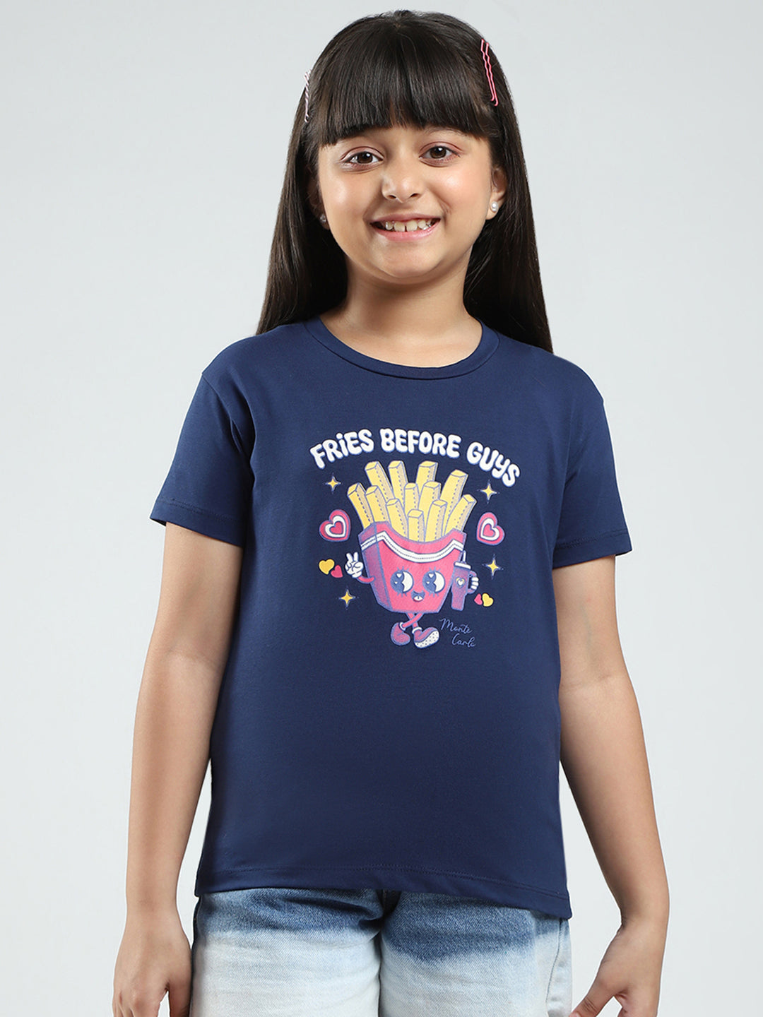 Girls Navy Blue & Pink Printed Round Neck Half Sleeve Top 2Pc Set