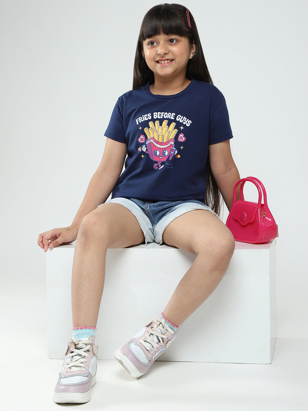 Girls Navy Blue & Pink Printed Round Neck Half Sleeve Top 2Pc Set