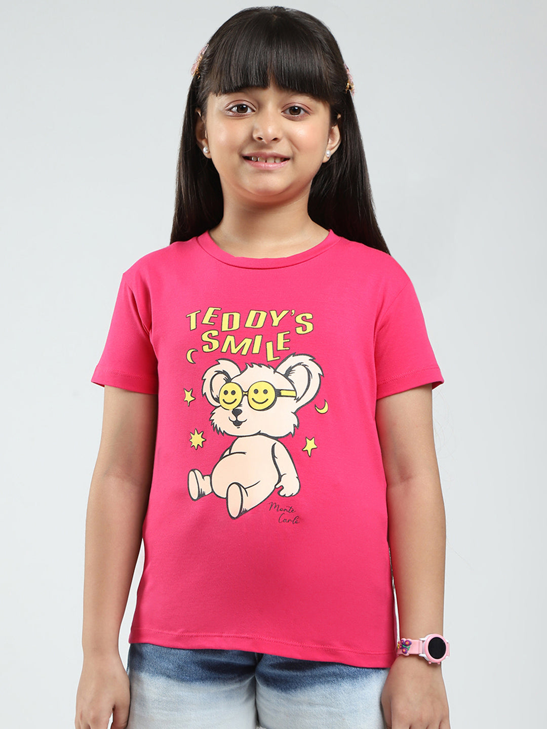 Girls Navy Blue & Pink Printed Round Neck Half Sleeve Top 2Pc Set