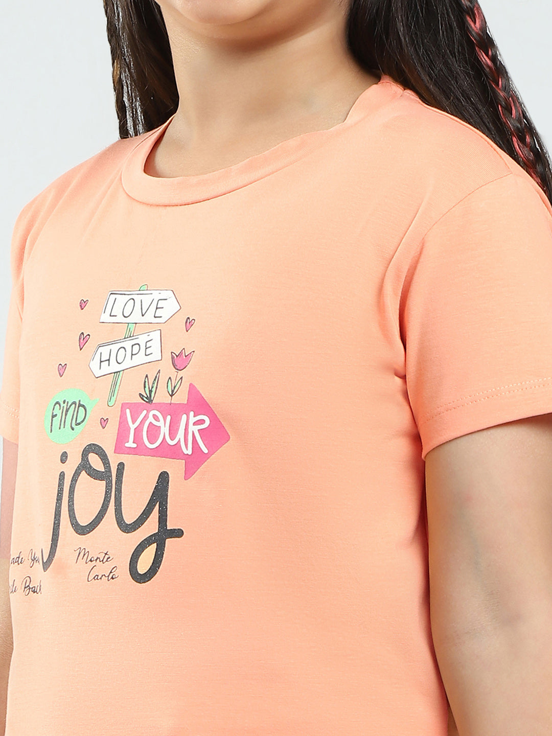 Girls Pink & Peach Printed Round Neck Half Sleeve Top 2Pc Set